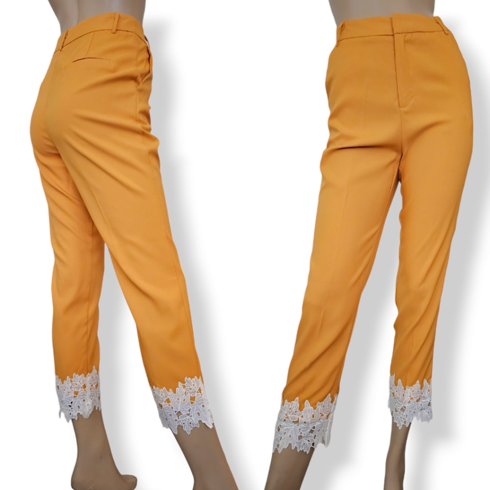 Grifflin Paris Mustard Yellow Pleated Laced Trim Pants